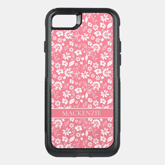Modern Blush Pink Spring Flower Pattern Monogram Otterbox iPhone Case (Back)
