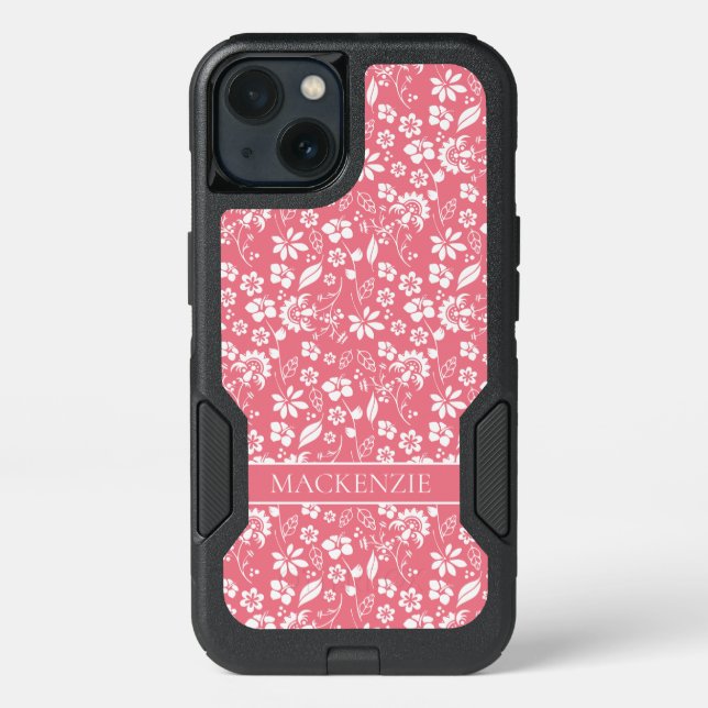 Modern Blush Pink Spring Flower Pattern Monogram Otterbox iPhone Case (Back)