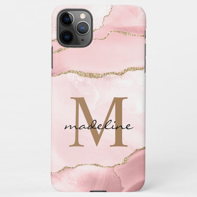 Modern Blush Pink Stone Agate Marble Monogram iPhone Case (Back)