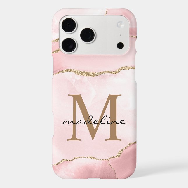 Modern Blush Pink Stone Agate Marble Monogram iPhone Case (Back)