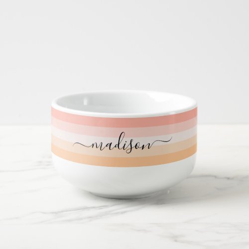 Modern blush pink striped script name soup mug
