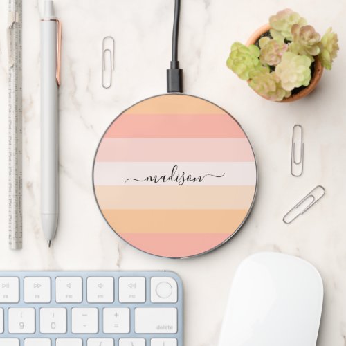 Modern blush pink striped script name  wireless charger 