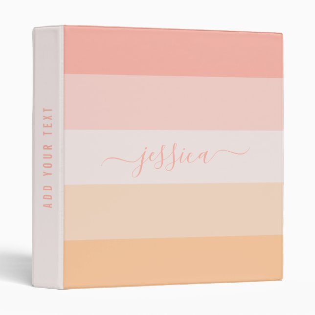 Modern blush pink stripes script name  3 ring binder (Front/Spine)