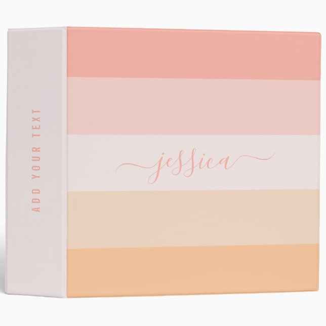 Modern blush pink stripes script name  3 ring binder (Front/Spine)