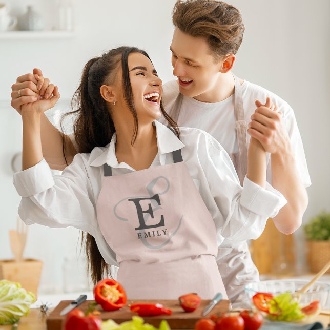 Modern Blush Pink Stylish Monogram Typography Apron (Personalize with your name and monogram initial.)