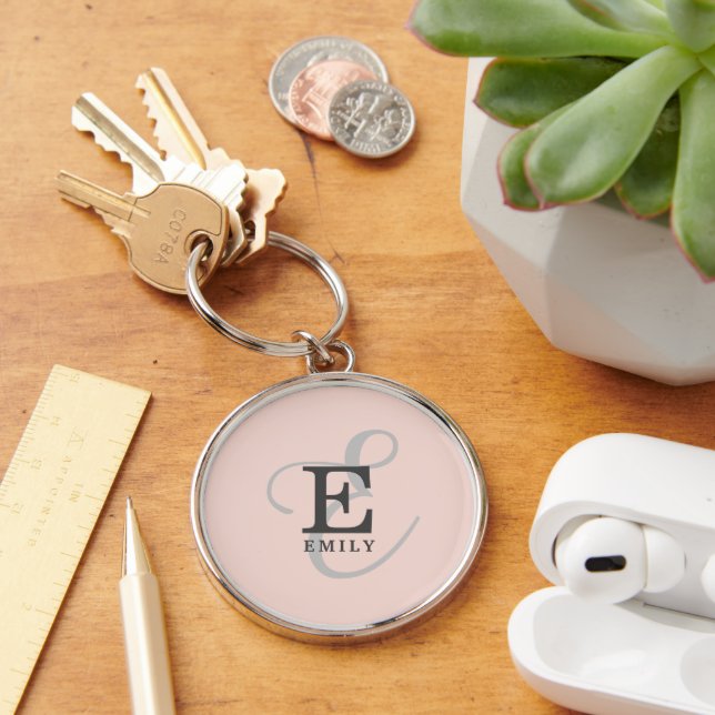 Modern Blush Pink Stylish Monogram Typography Keychain (Desk)