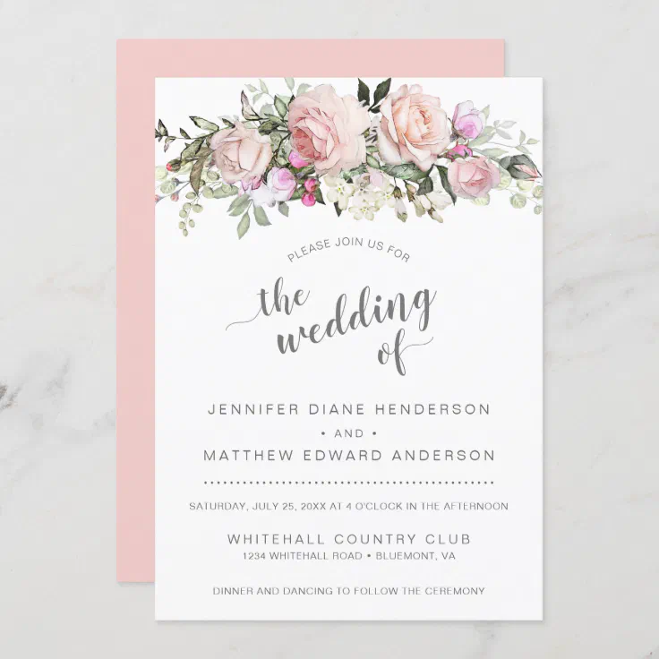 Modern Blush Pink Sweetheart Roses Bouquet Wedding Invitation | Zazzle