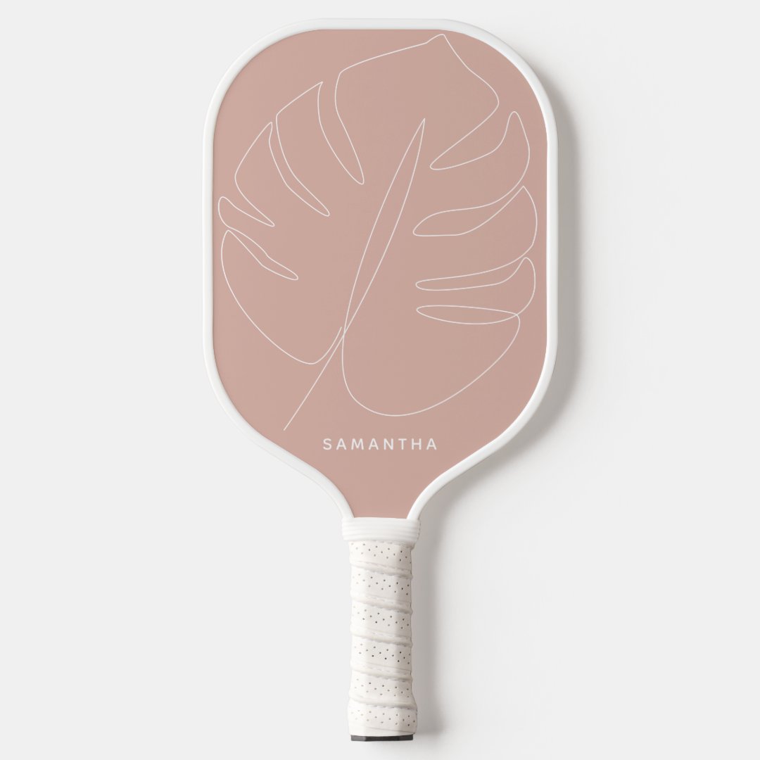 Modern Blush Pink Tropical Leaf Line Drawing Name Pickleball Paddle