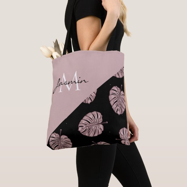 Modern Blush Pink Tropical Leaf Monogram Tote Bag (Close Up)