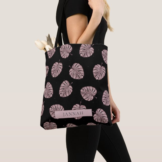 Modern Blush Pink Tropical Leaf Name Pattern Tote Bag (Close Up)