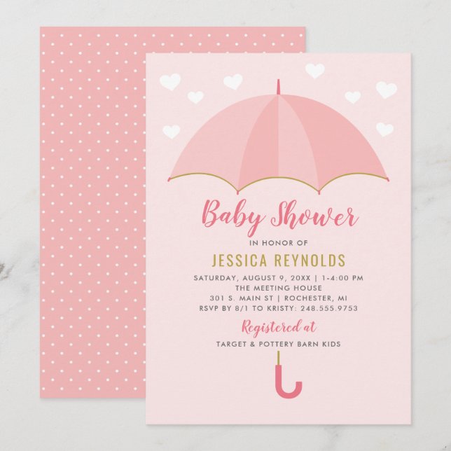 Modern Blush Pink Umbrella Hearts Girl Shower Invitation (Front/Back)