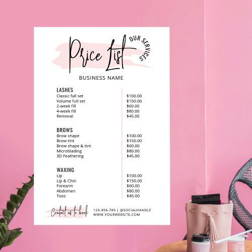 Modern Blush Pink Watercolor Business Price List Poster