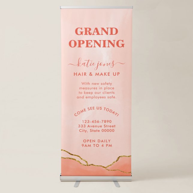 Modern Blush Pink Watercolor & Faux Gold Business Retractable Banner (Front)