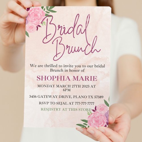 Modern Blush Pink Watercolor Floral Bridal Brunch  Invitation