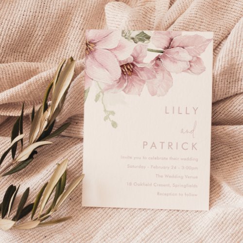 Modern Blush Pink Watercolor Flowers Wedding Invitation