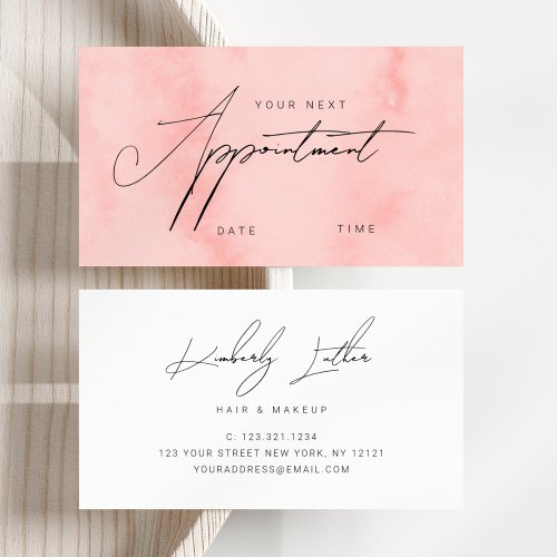 Modern blush pink watercolor makeup  hair appointment card
