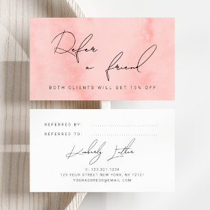Modern blush pink watercolor makeup & hair referral card