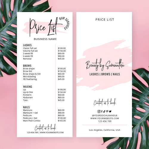 Modern Blush Pink Watercolor Salon Logo Price List Rack Card