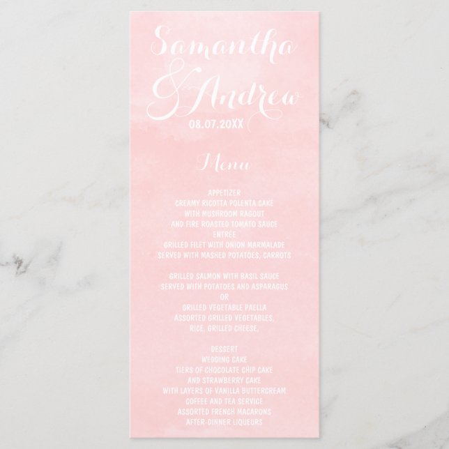 Modern blush pink watercolor wedding menu (Front)