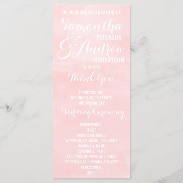 Modern blush pink watercolor Wedding Program (Front)