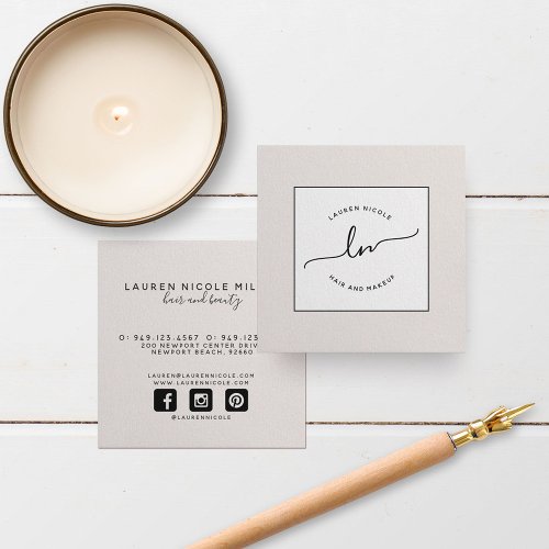 Modern Blush Pink White and Black Script Initials Square Business Card