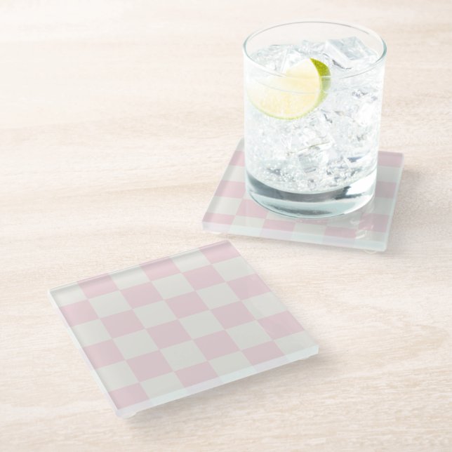 Modern Blush Pink White Checkered Glass Coaster (Angled)