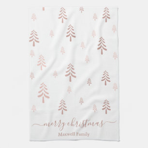 Modern blush pink white merry christmas trees name kitchen towel