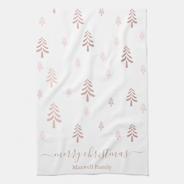 Modern blush pink white merry christmas trees name kitchen towel (Vertical)