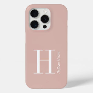 Modern Blush Pink White Monogram Name iPhone 15 Pro Case