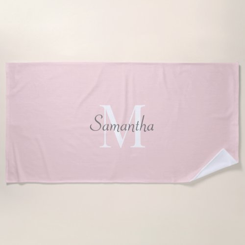 Modern Blush Pink White Monogrammed Beach Towel