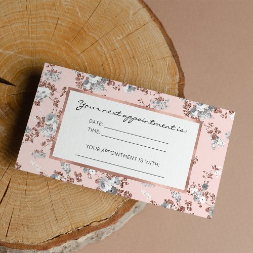 Modern blush pink white rose gold glitter floral appointment card
