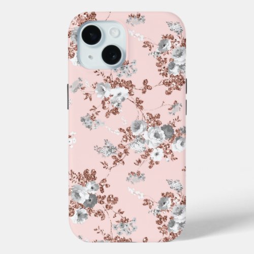 Modern blush pink white rose gold glitter floral iPhone 15 case