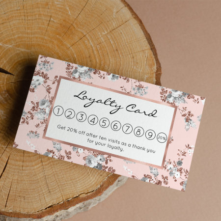 Modern Blush Pink White Rose Gold Glitter Floral Loyalty Card