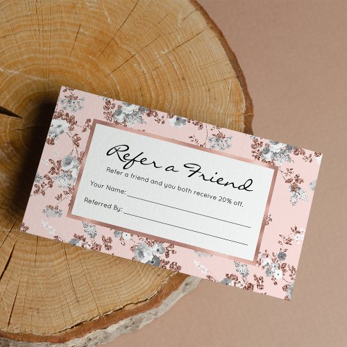 Modern blush pink white rose gold glitter floral referral card