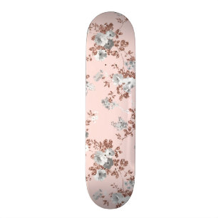 Modern blush pink white rose gold glitter floral skateboard