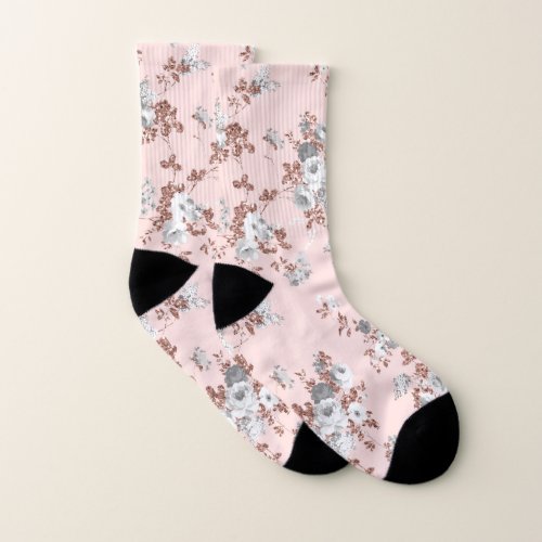 Modern blush pink white rose gold glitter floral socks