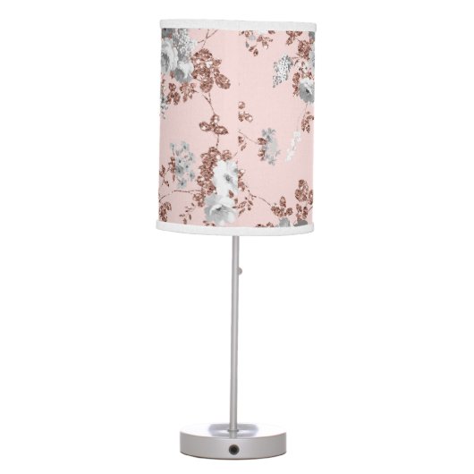 Modern blush pink white rose gold glitter floral table lamp (Back)