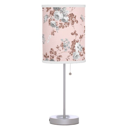 Modern blush pink white rose gold glitter floral table lamp (Left)