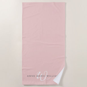 Modern Blush Pink White Script Monogram Beach Towel
