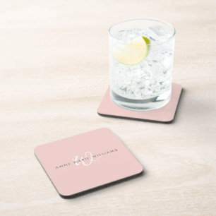 Modern Blush Pink White Script Monogram Beverage Coaster