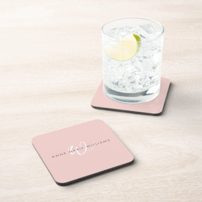 Modern Blush Pink White Script Monogram Beverage Coaster (Right Side)