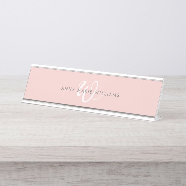 Modern Blush Pink White Script Monogram Desk Name Plate (Front)