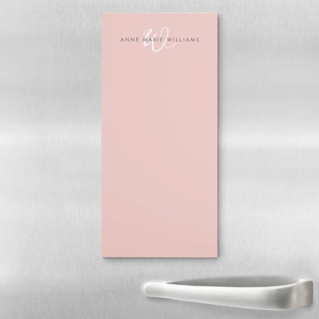 Modern Blush Pink White Script Monogram Magnetic Notepad (In Situ)