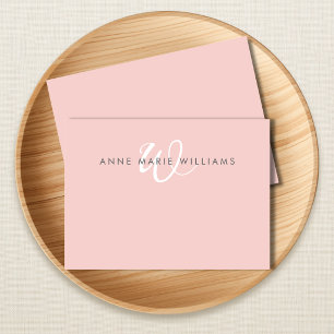 Modern Blush Pink White Script Monogram Note Card