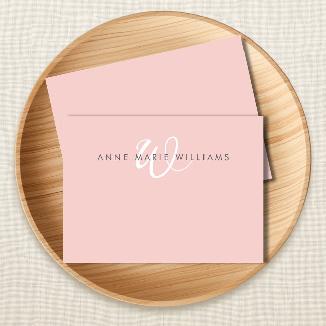 Modern Blush Pink White Script Monogram Note Card (Creator Uploaded)