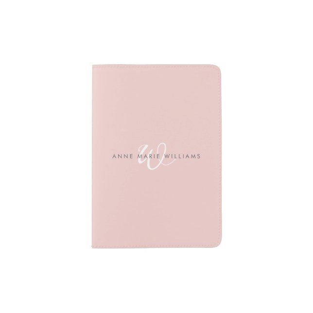 Modern Blush Pink White Script Monogram Passport Holder (Front)