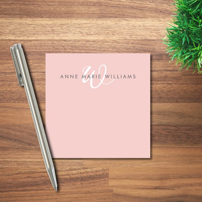 Modern Blush Pink White Script Monogram Post-it Notes (Creator Uploaded)