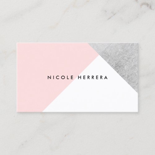 Modern blush pink white silver foil color block business card