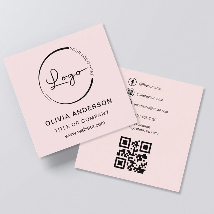 Modern Blush Pink With QR Code Social Media Square Business Card
