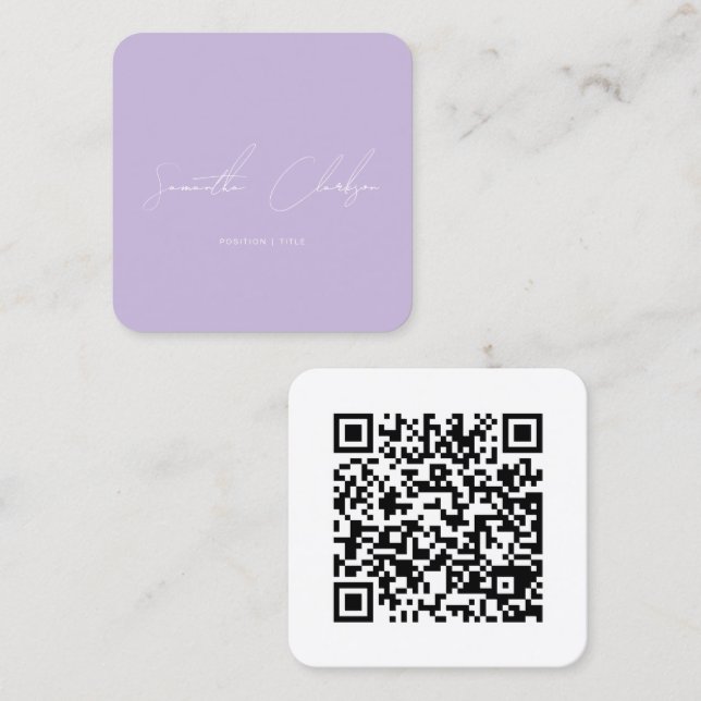 Modern Blush Purple Handwritten Script QR Code Square Business Card (Front/Back)